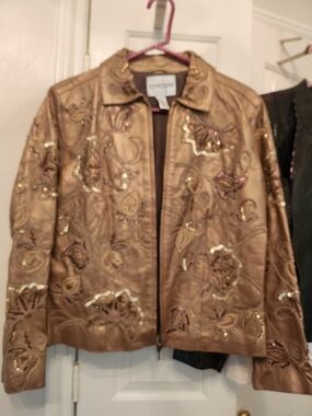 Chico's Gold Metallic Embroidered Zip Jacket